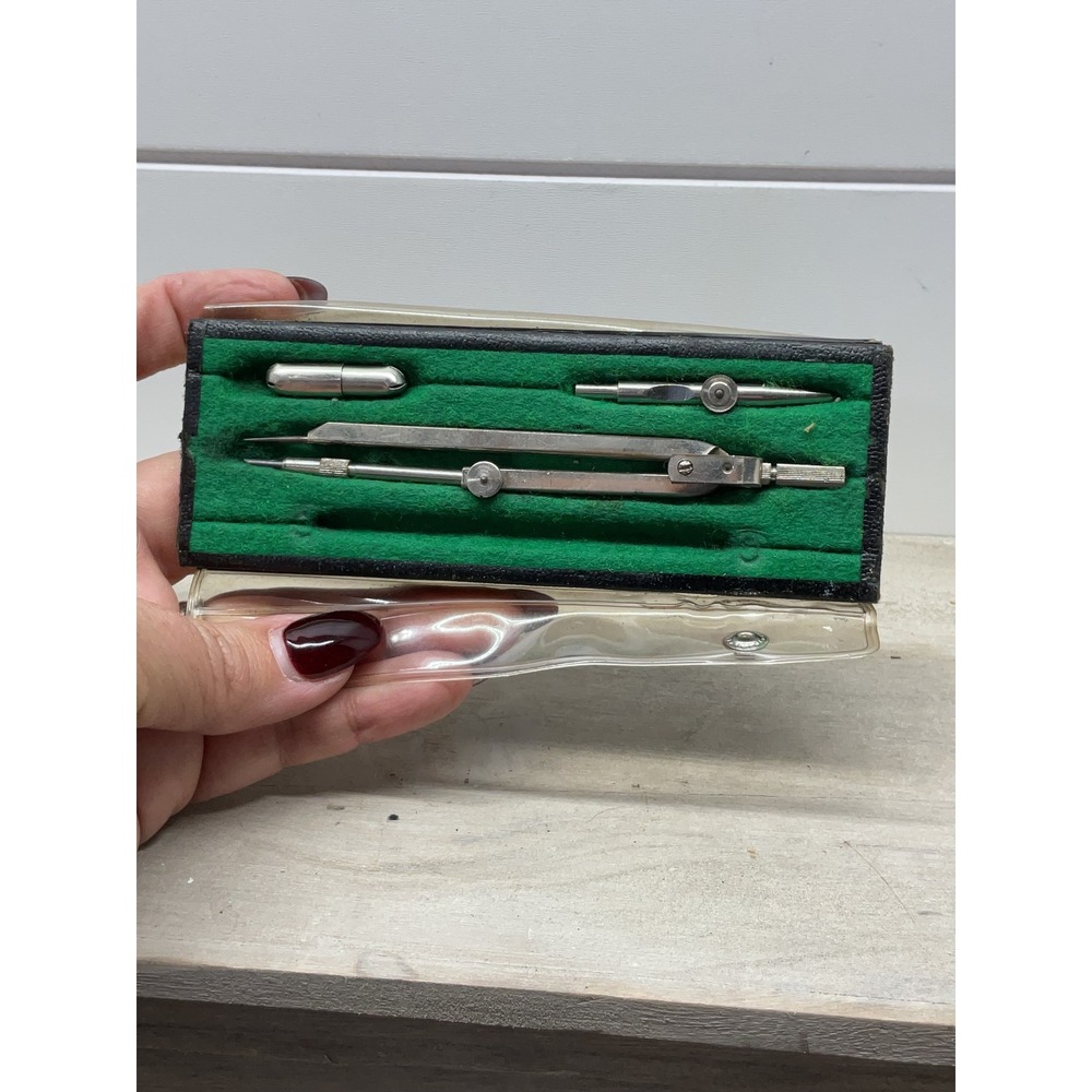 Vintage W Germany Drafting Compass Set 3 Piece Silver Tone Green Velvet Case